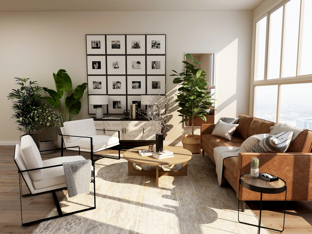 Calm contemporary living room illustrating a fictional home upgrade
